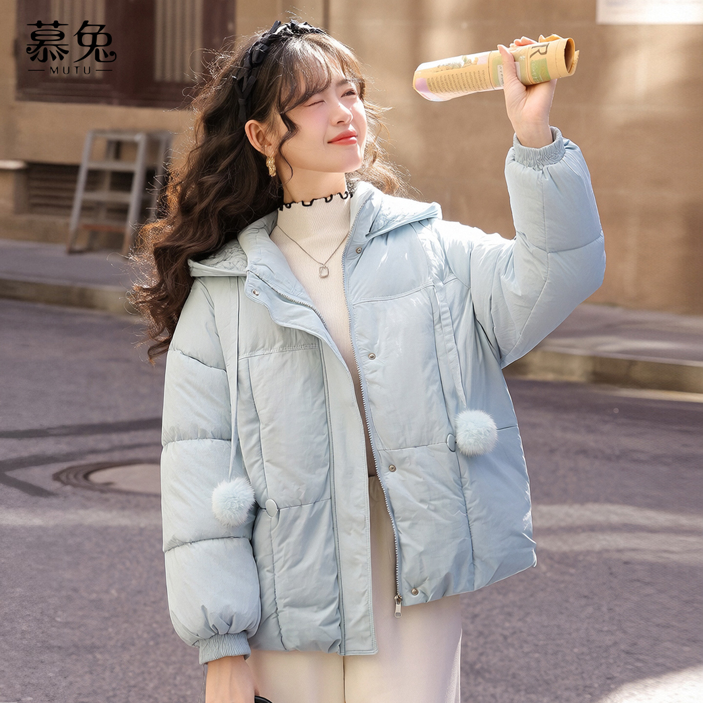 慕兔小个子蓝色毛球连帽棉衣棉服新款宽松保暖面包服上衣TU31876