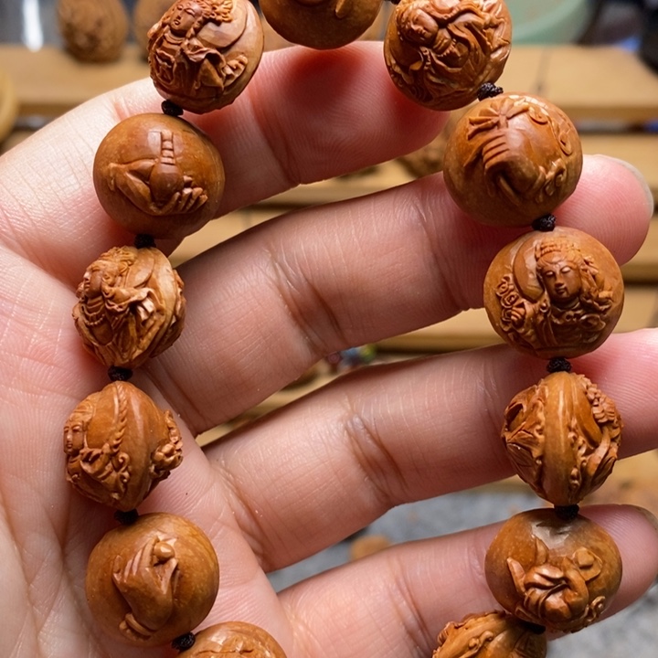 桃核手工雕刻观音手串