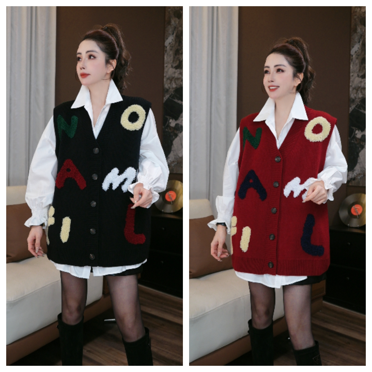 【鑫-蕾】新款马甲气质设计字母时尚宽松百搭针织马甲9221