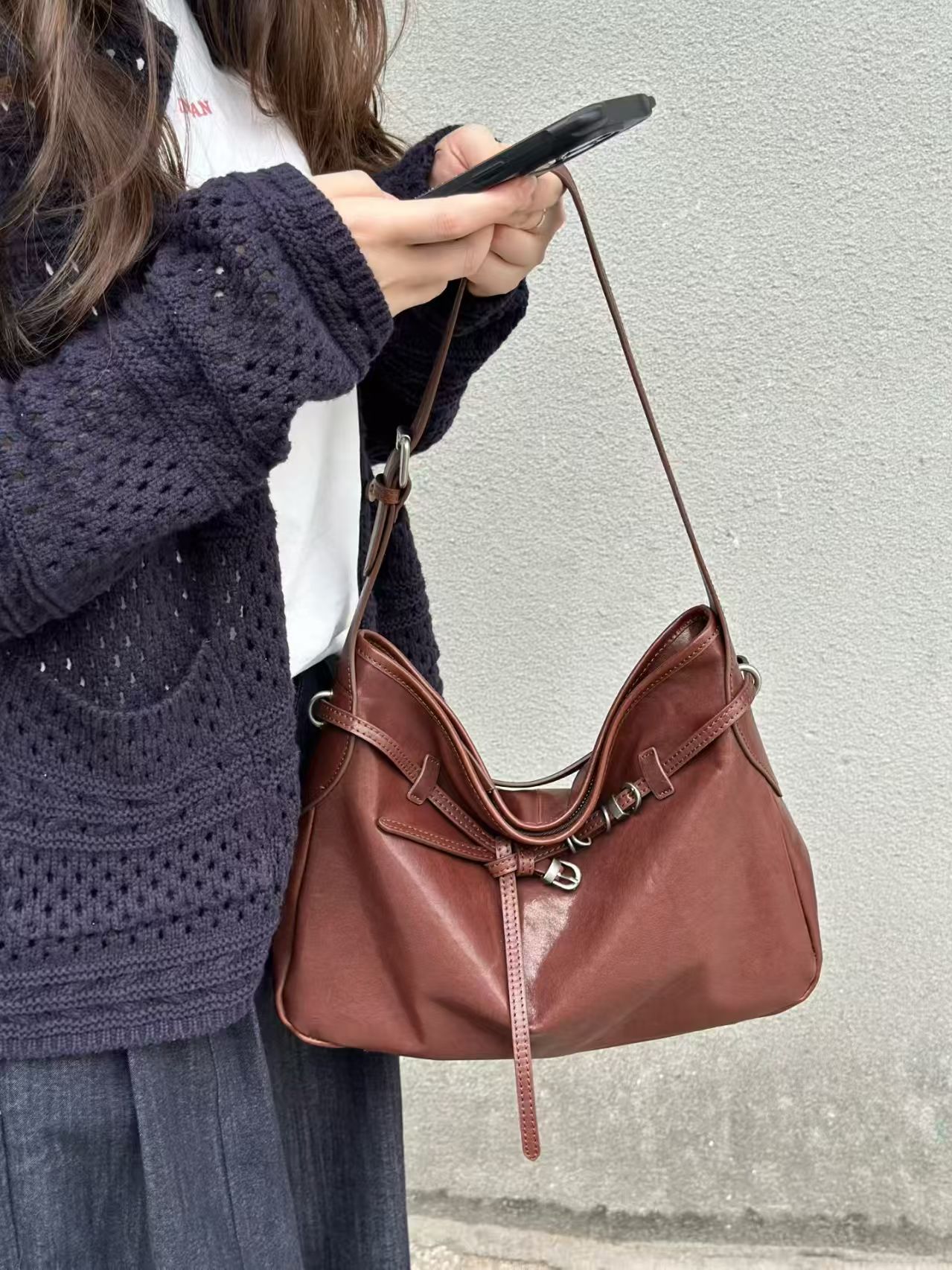 秋冬新款小众托特包大容量水晶植鞣牛皮休闲百搭单肩腋下包0059