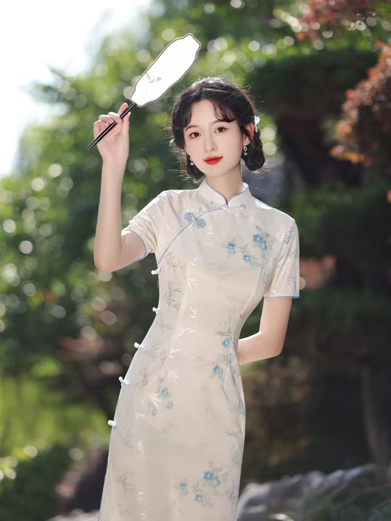 【2246 小花花 蓝色】显瘦气质修身优雅复古中国风旗袍