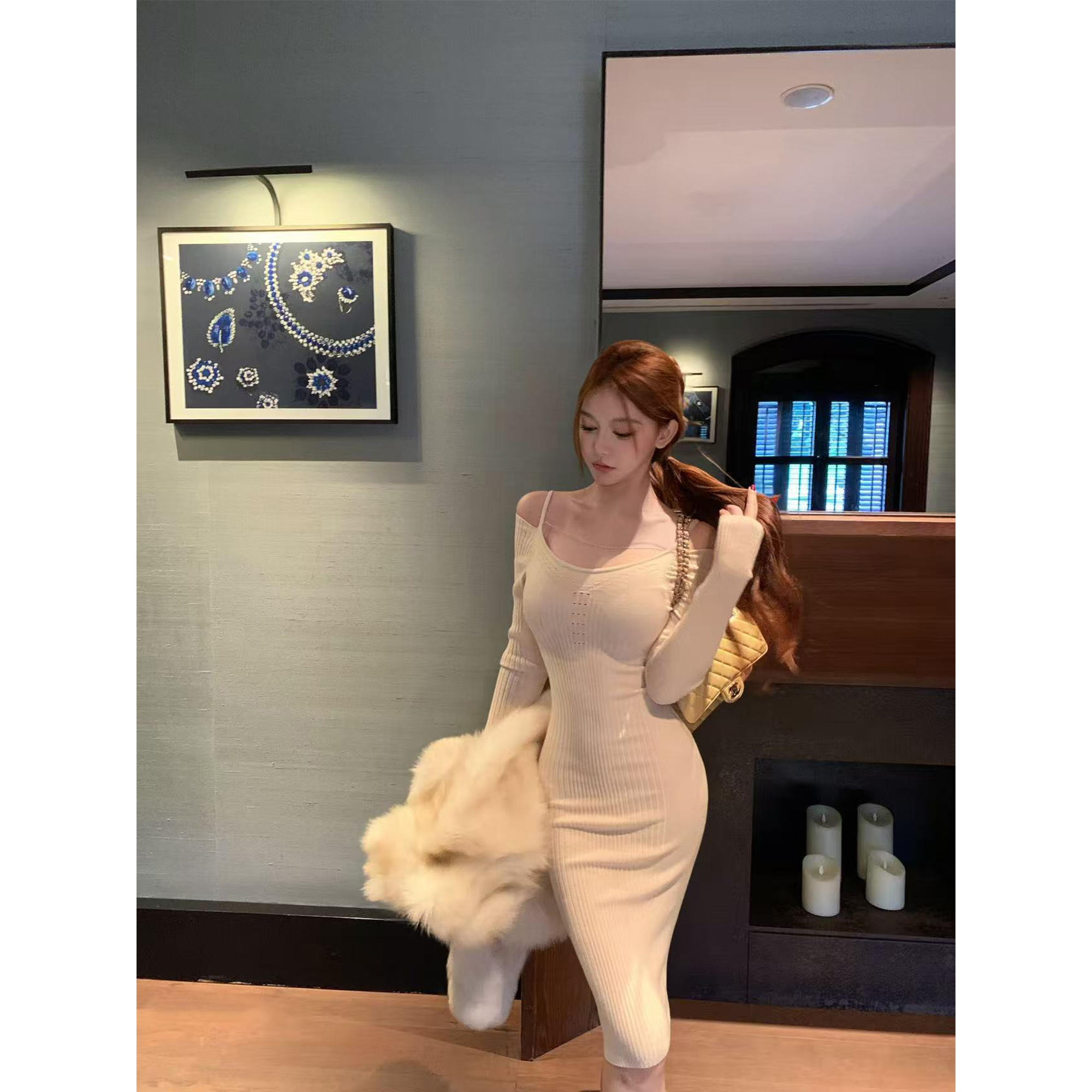 南希FairyNancy 偷心陷阱 钉珠针织露肩连衣裙女气质吊带包臀裙子