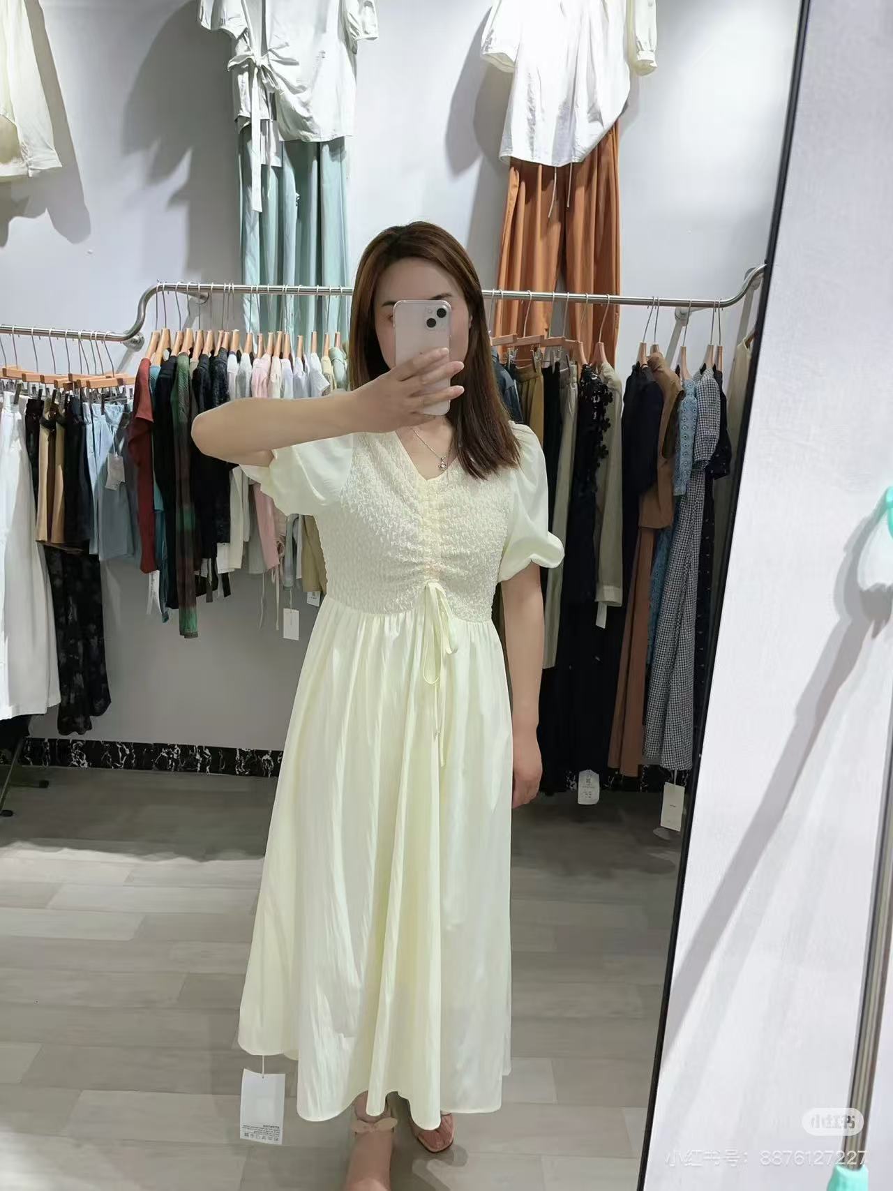 5173拼接女裙休闲高腰少女风连衣裙长裙U型领夏季设计师