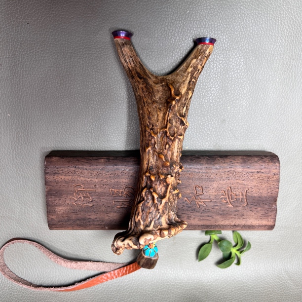 户外收藏鹿角弹弓扁皮圆头高精度竞技盘玩（外弓门70撑头14）