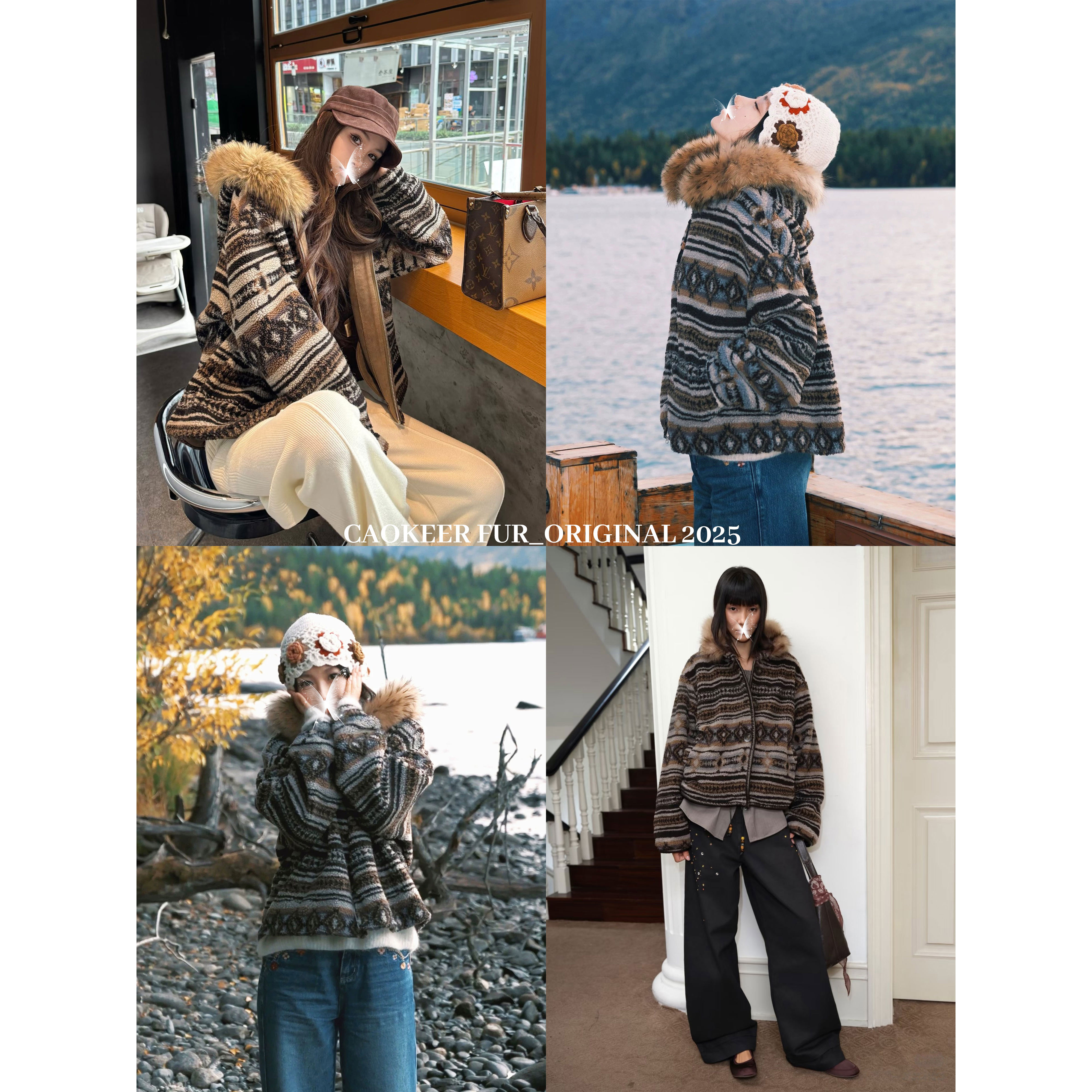 【暖絮蓬松】CAOKEER曹可儿貉子毛领复古色2025秋冬新款短外套59551