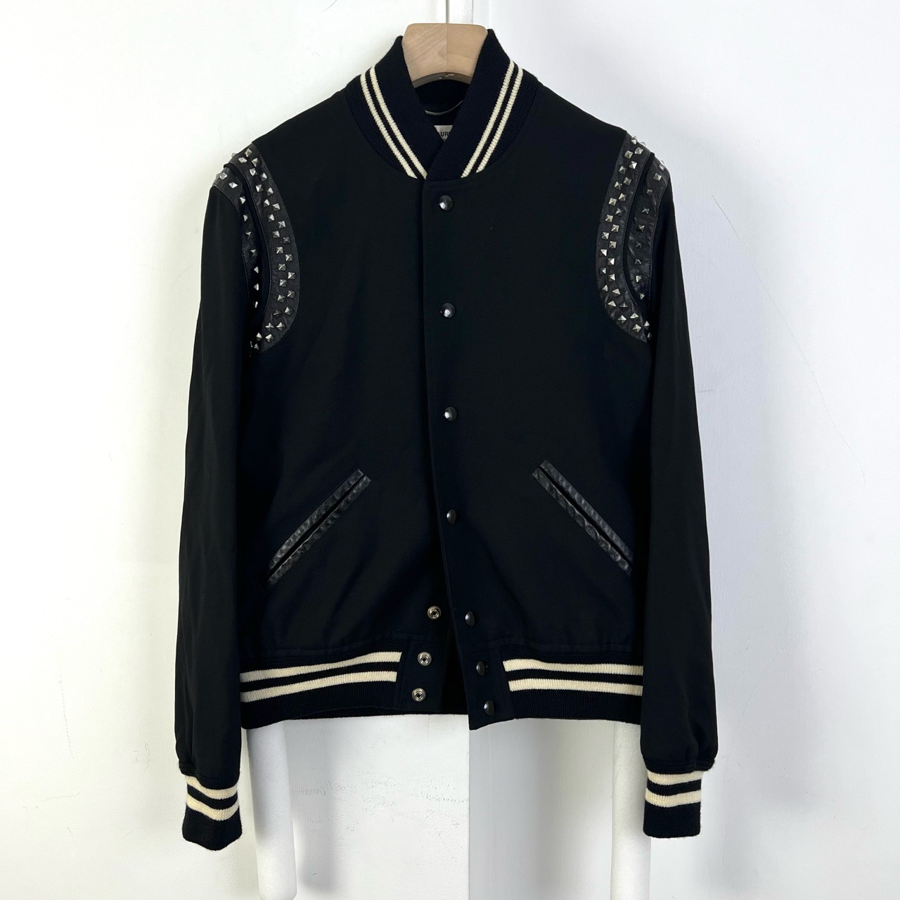 95新 YSL/圣罗兰 46码铆钉拼皮羊毛棒球外套/97新铆钉氧化/10201