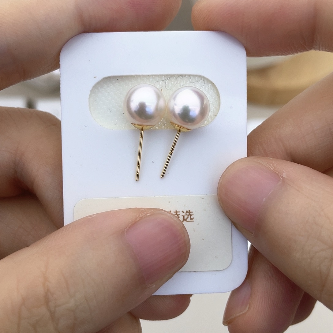 海水珍珠耳饰18K金镶嵌8-8.5素钉