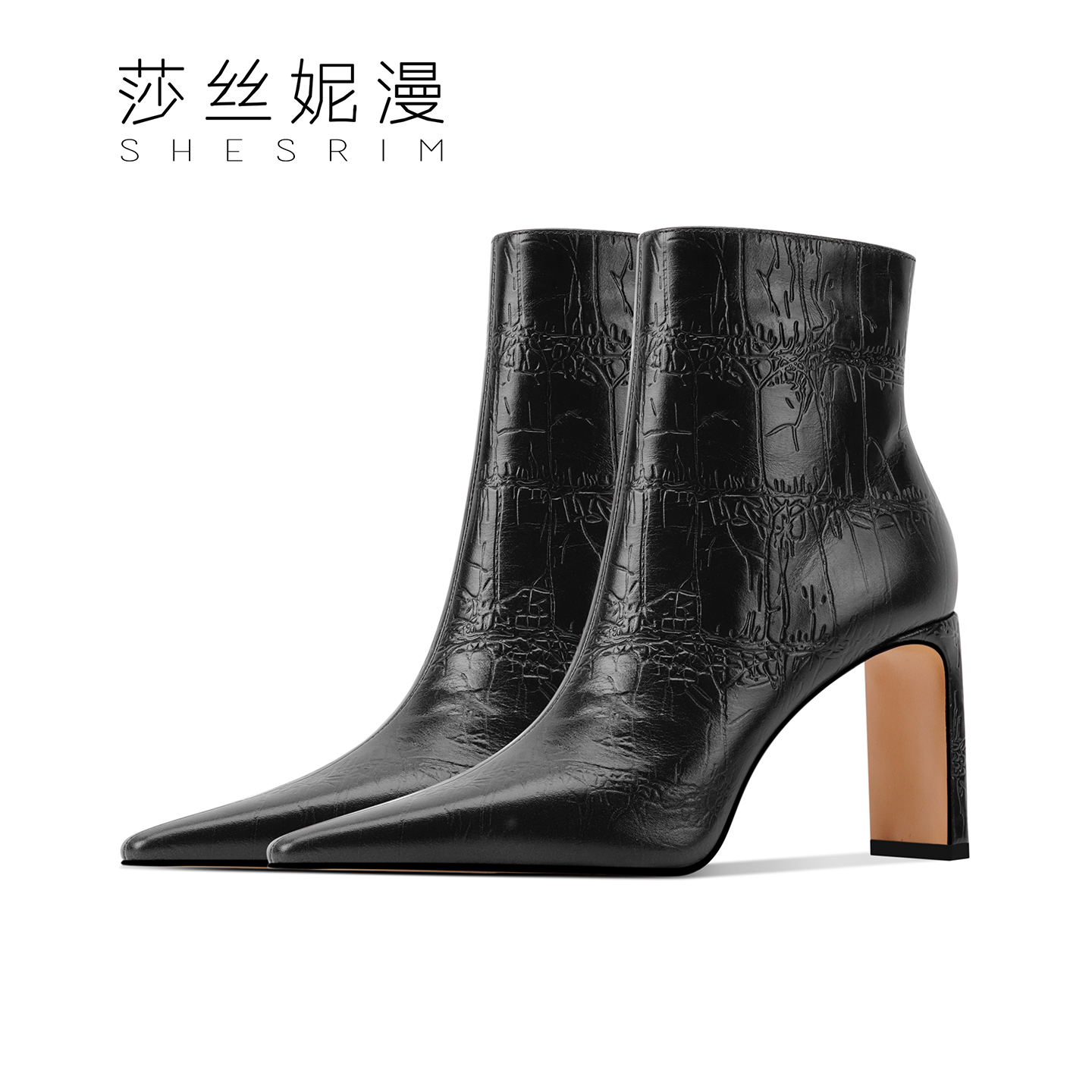 186-2025秋冬新款粗跟尖头高跟侧拉链压花短靴女靴时尚绒里靴子