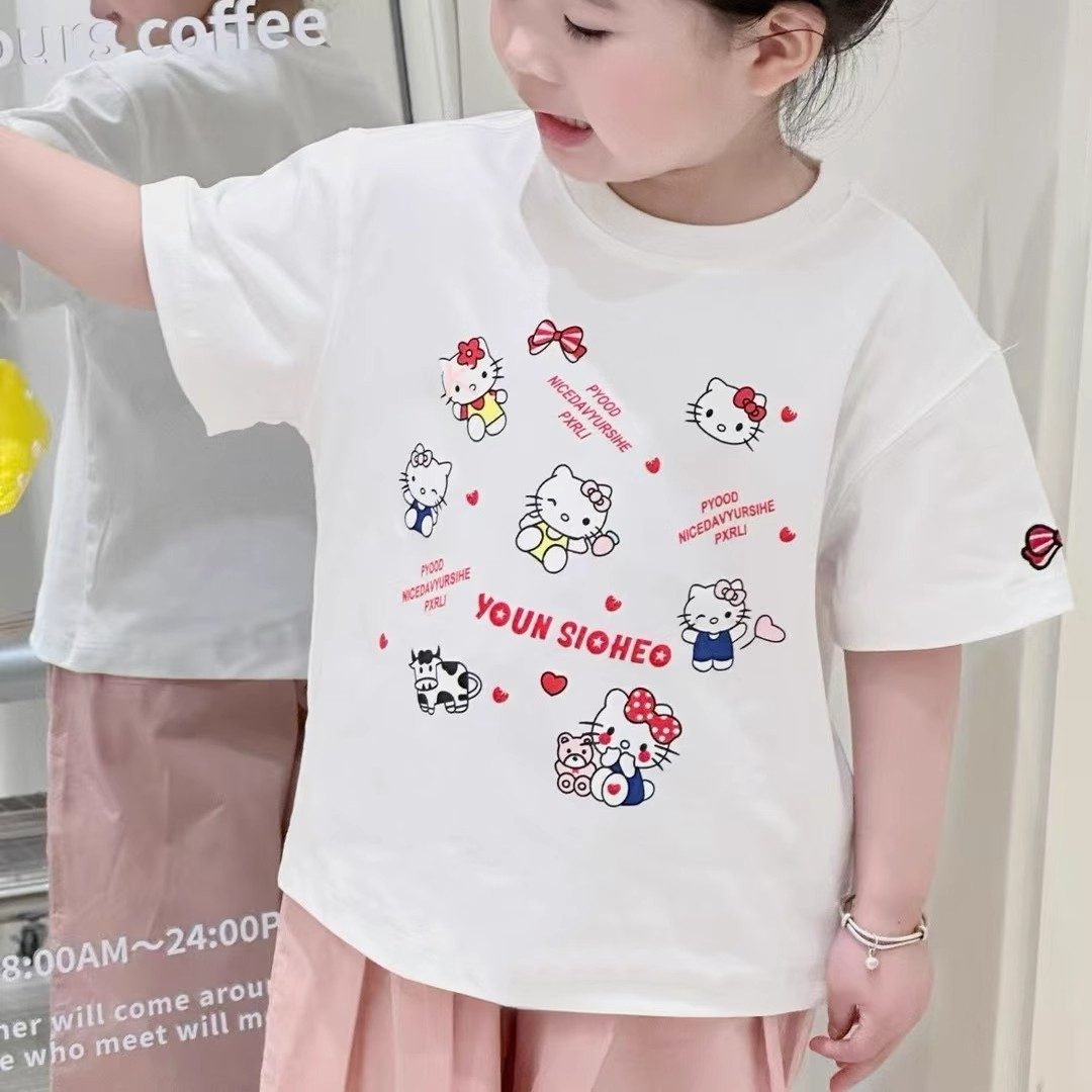 女童短袖T恤卡通印花夏季2025新款洋气儿童kt猫纯棉百搭洋气上衣