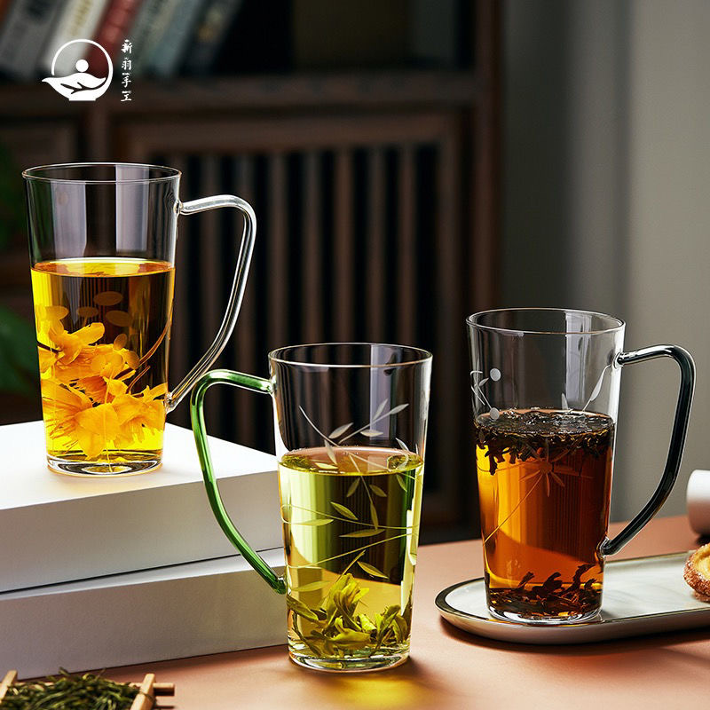 清璃新羽高档绿茶杯手工刻花透明玻璃杯泡茶杯办公室杯个人专用