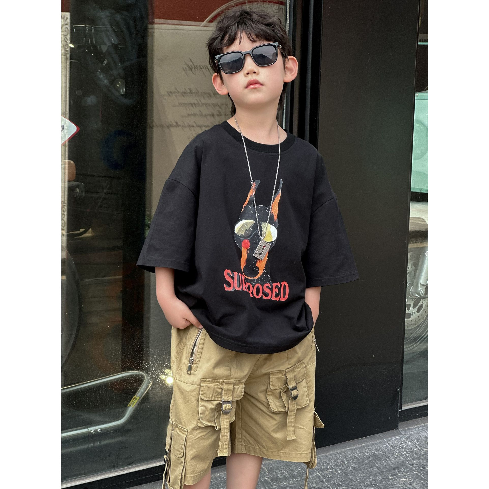 童装夏季男童T恤2025新款儿童短袖百棉宽松印花中袖上衣五分袖潮T