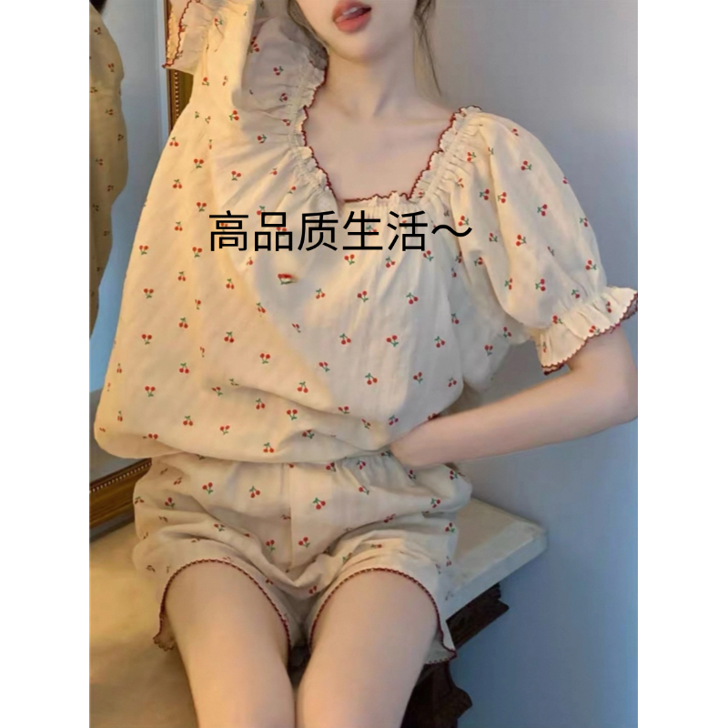 胸垫版睡衣女夏季新款纯棉短袖七分裤可外穿家居服套装（格子猫）