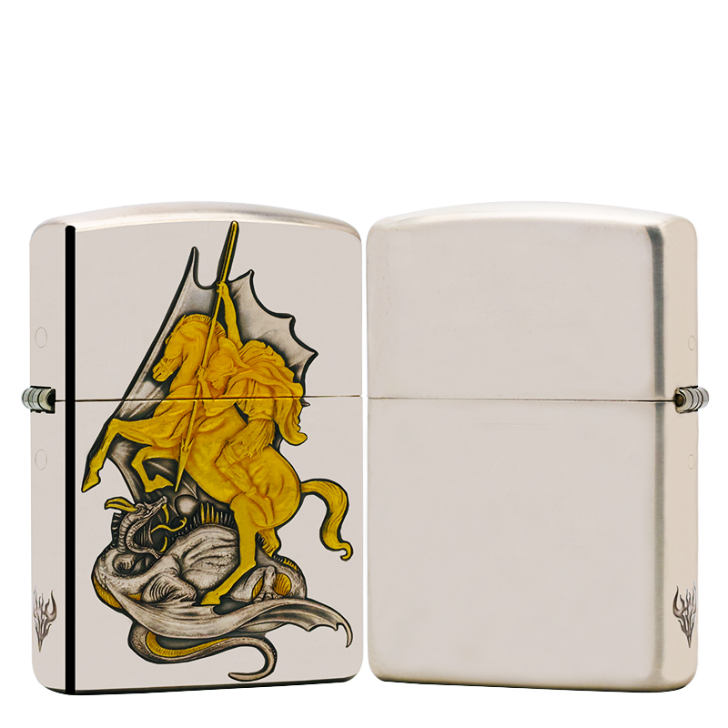 ZIPPO/之宝S925银嵌金【乔治屠龙】盔甲机正品煤油打火机KF-DF
