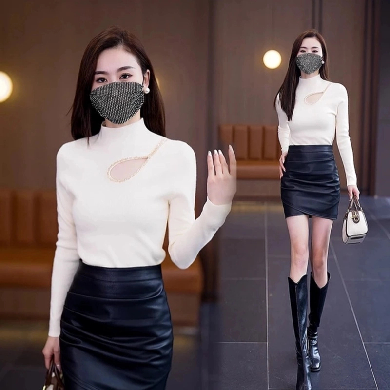 半高领镂空针织打底衫女秋冬2025新款内搭毛衣修身显瘦长袖上衣服