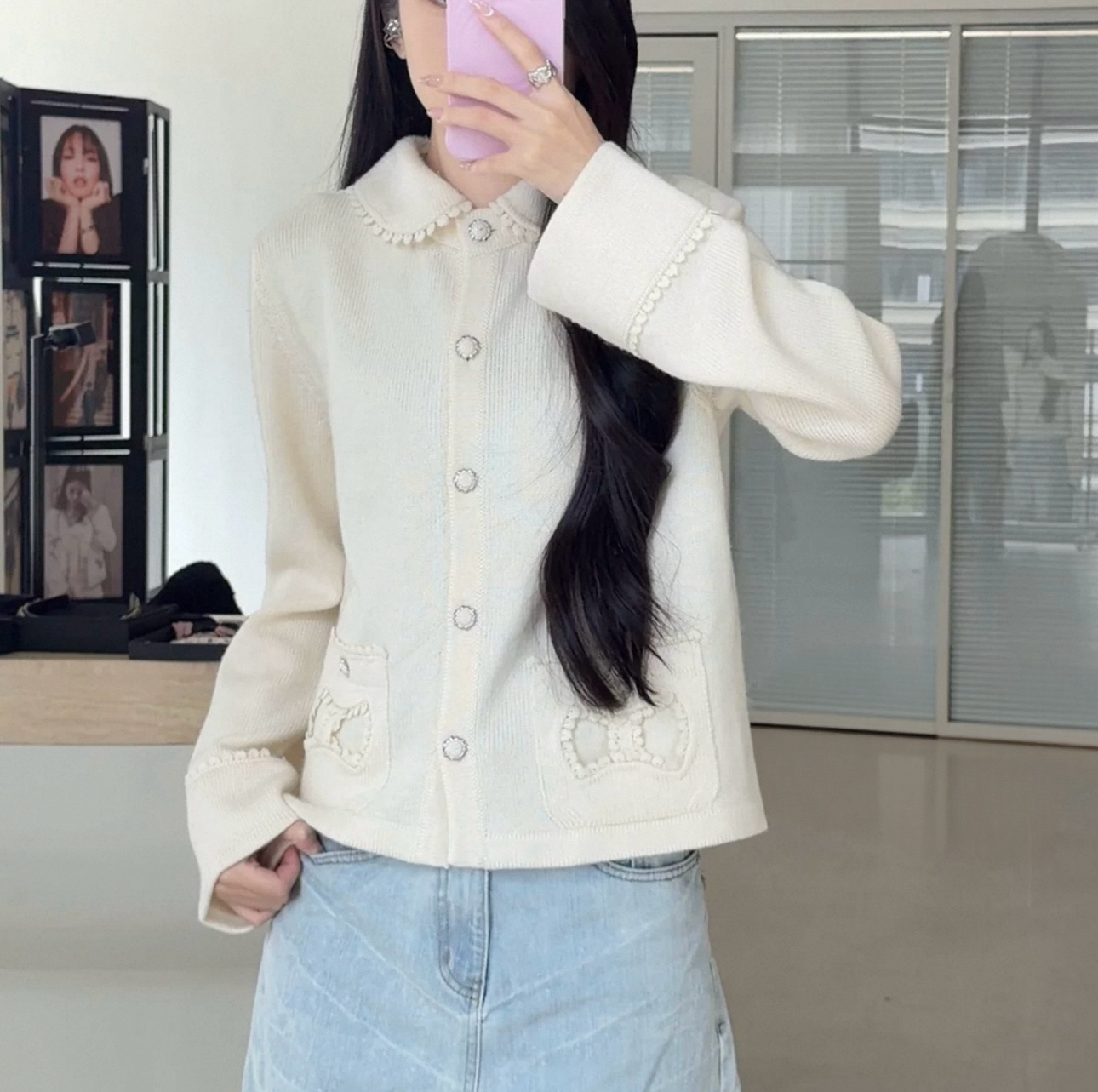 「长芯」高定25气质少女娃娃领蝴蝶结口袋纯色针织开衫YZ25W10032