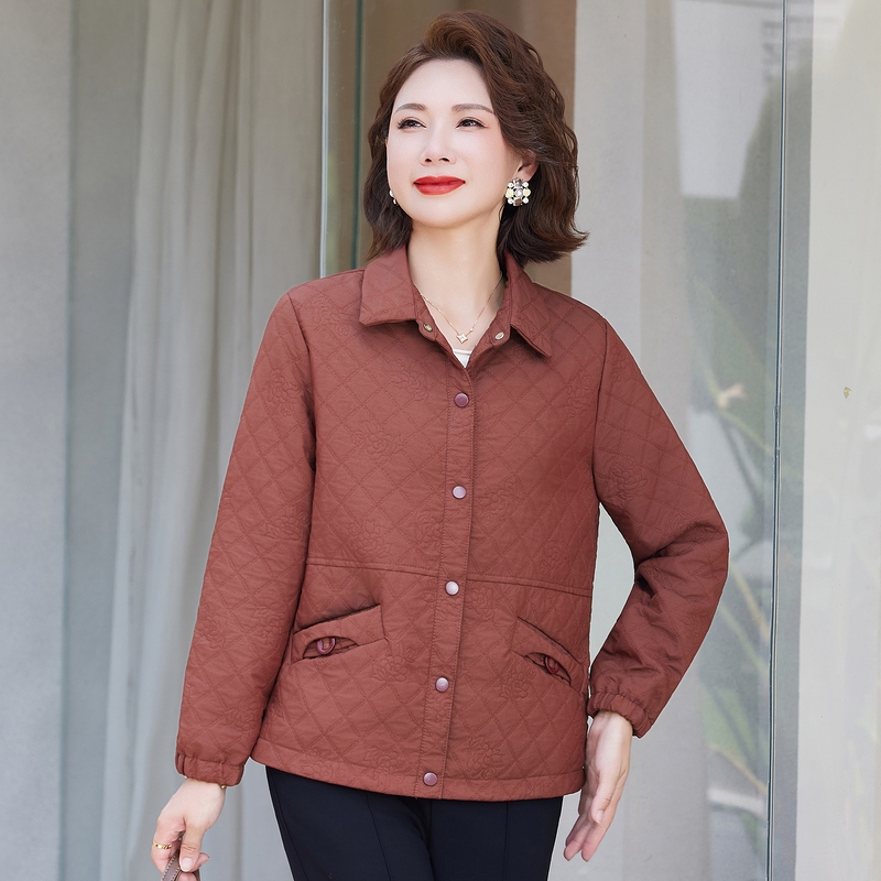 妈妈秋装时尚休闲外套短款中年女格子翻领上衣妈妈装春秋款外套