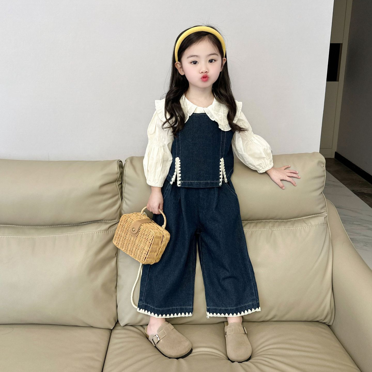 大橙子Studio女童2025秋季新款洋气翻领衬衫花边牛仔马甲长裤套装