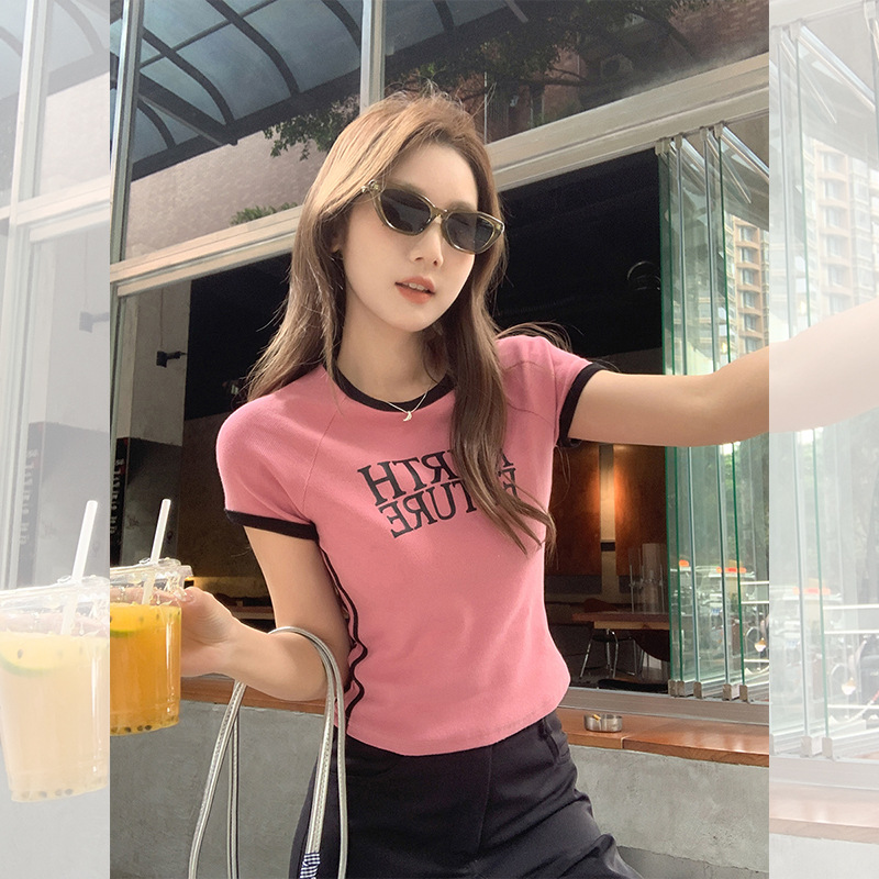 亦声辣妹chic树莓粉插肩小上衣女夏季多巴胺穿搭美式圆领新款CP