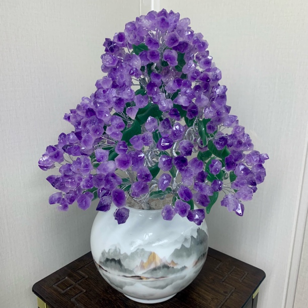 【原创轻奢高品】桂林山水圆坛紫水晶树摆件创意玄关中式陶瓷摆件