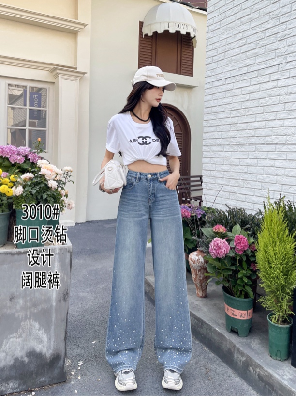 广州源头工厂妮美炫牛仔烫钻工艺阔腿裤