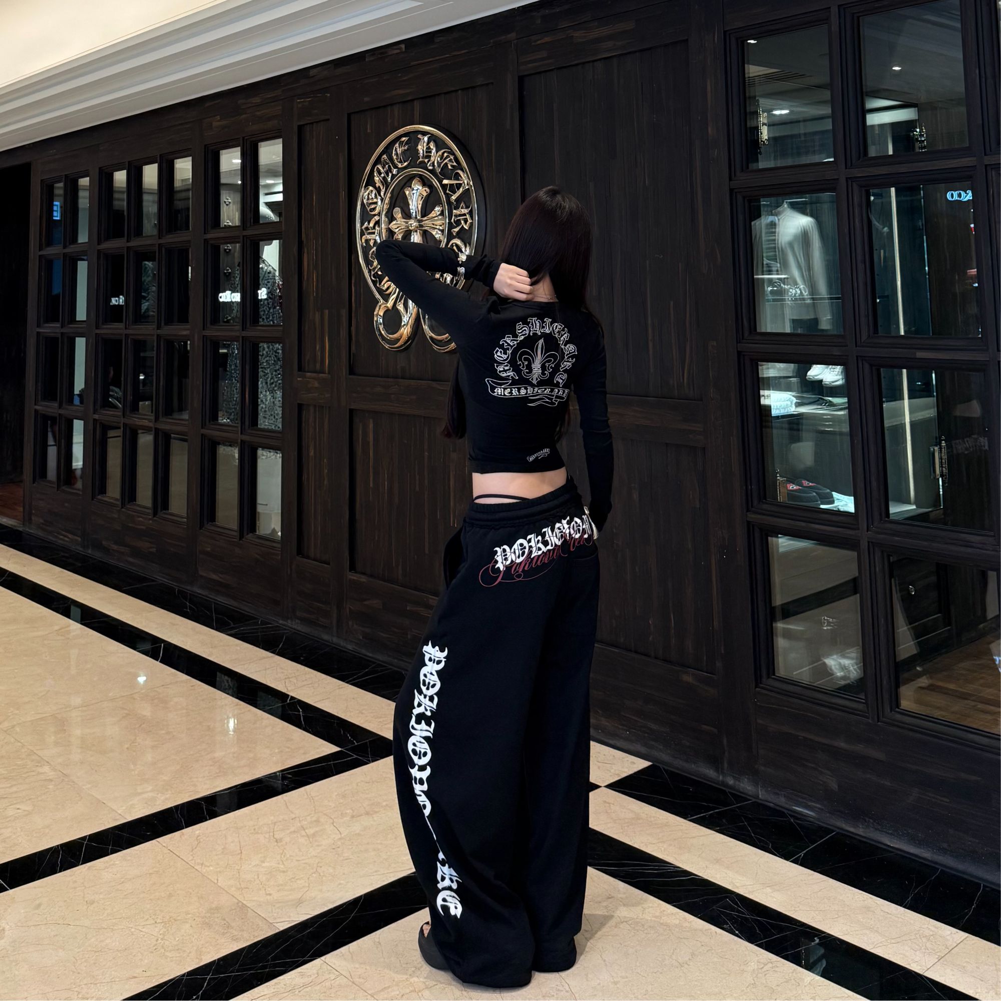 HottieDiary 美式街头字母印花设计辣妹垂感抽绳休闲卫裤慵懒百搭