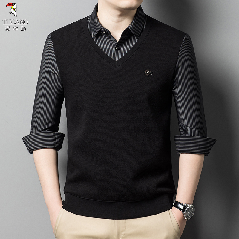 啄木鸟秋季条纹新款假两件加厚保暖翻领长袖中年男士商务针织衫