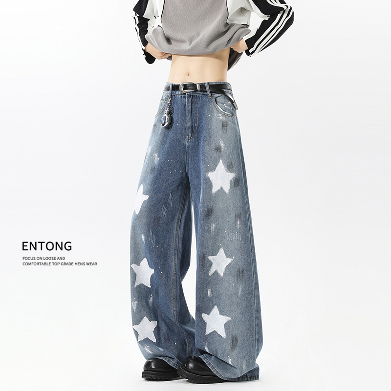 Entong美式高街五角星涂鸦牛仔裤男款秋季新款宽松弯刀阔腿裤子潮