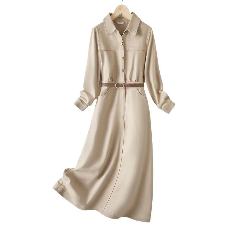 利落率性小翻领纽扣配腰带衬衫高级感连衣裙长袖气质时尚女士轻奢