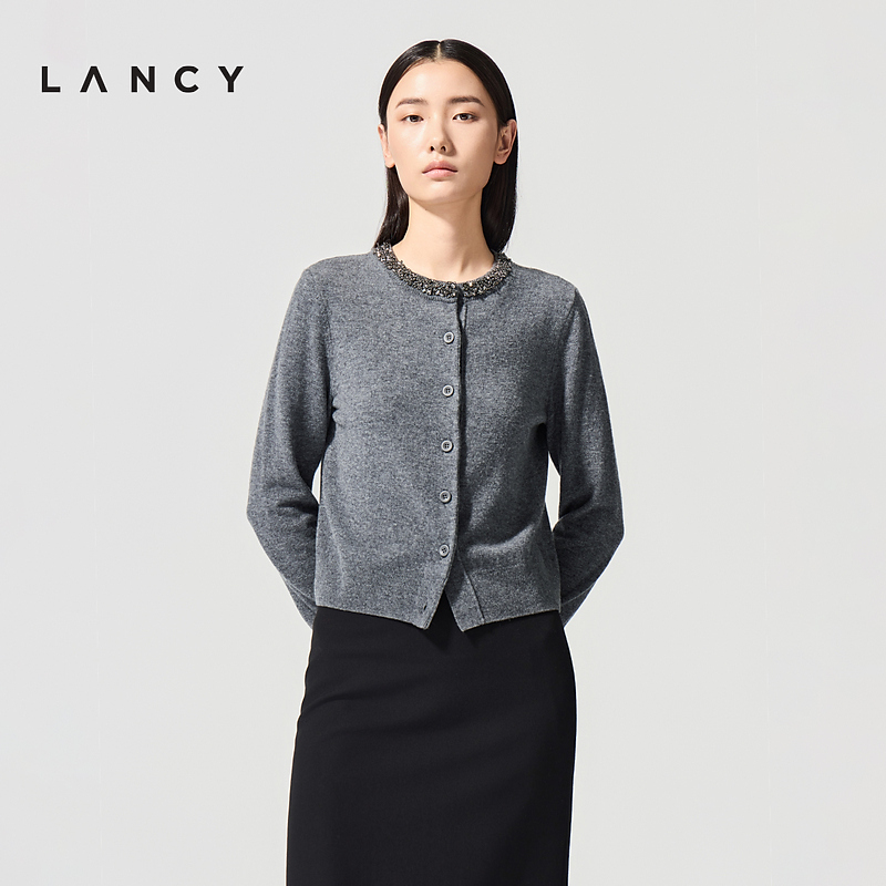 【纯羊毛】LANCY/朗姿2026春季新款重工钉珠气质圆领短针织开衫女