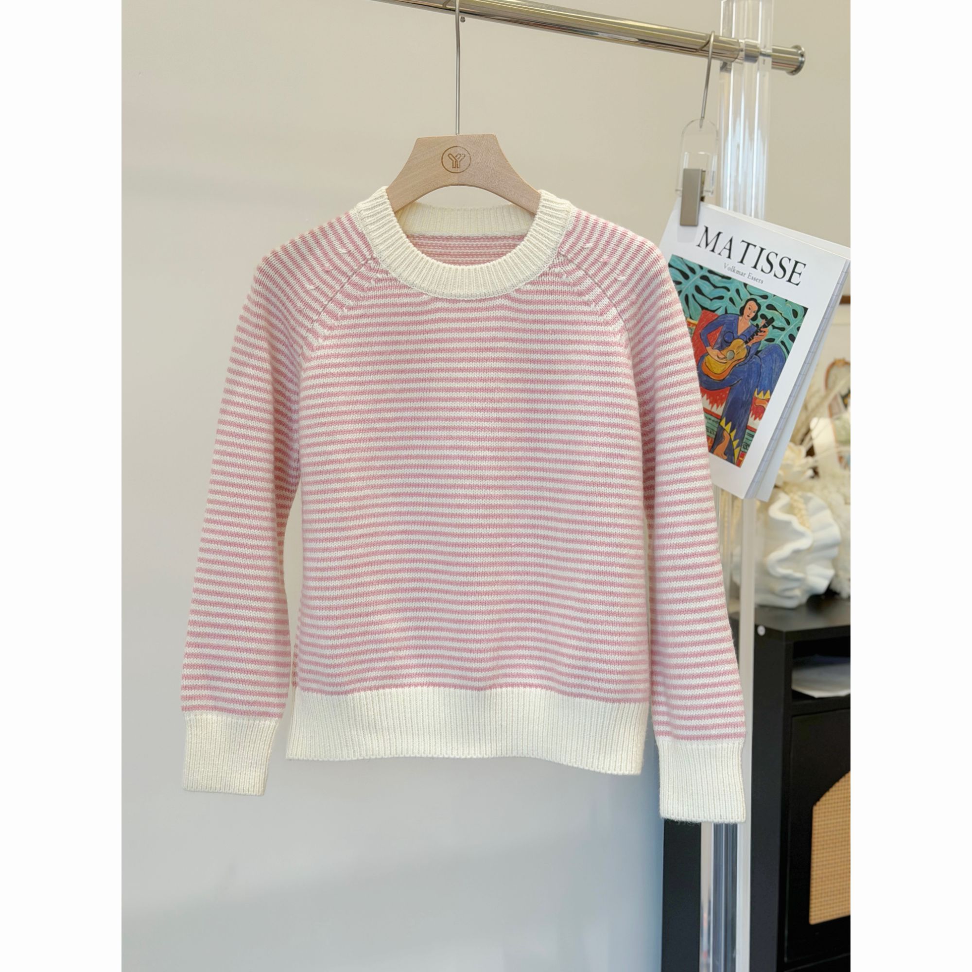 小个子圆圆CMF021韩系粉色条纹拼色圆领毛衣秋冬时尚百搭针织衫女