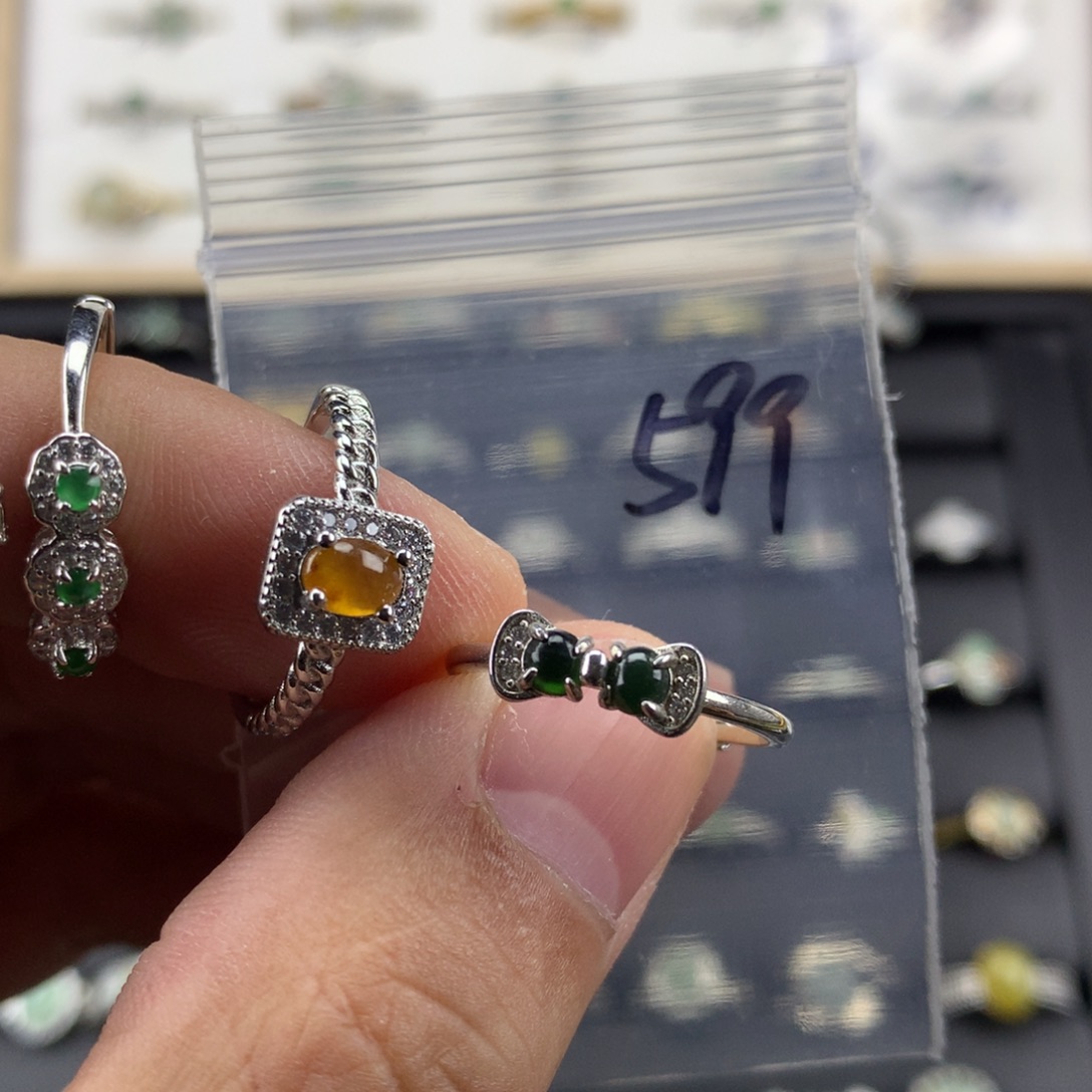 翡翠银S925镀金镶嵌戒指599