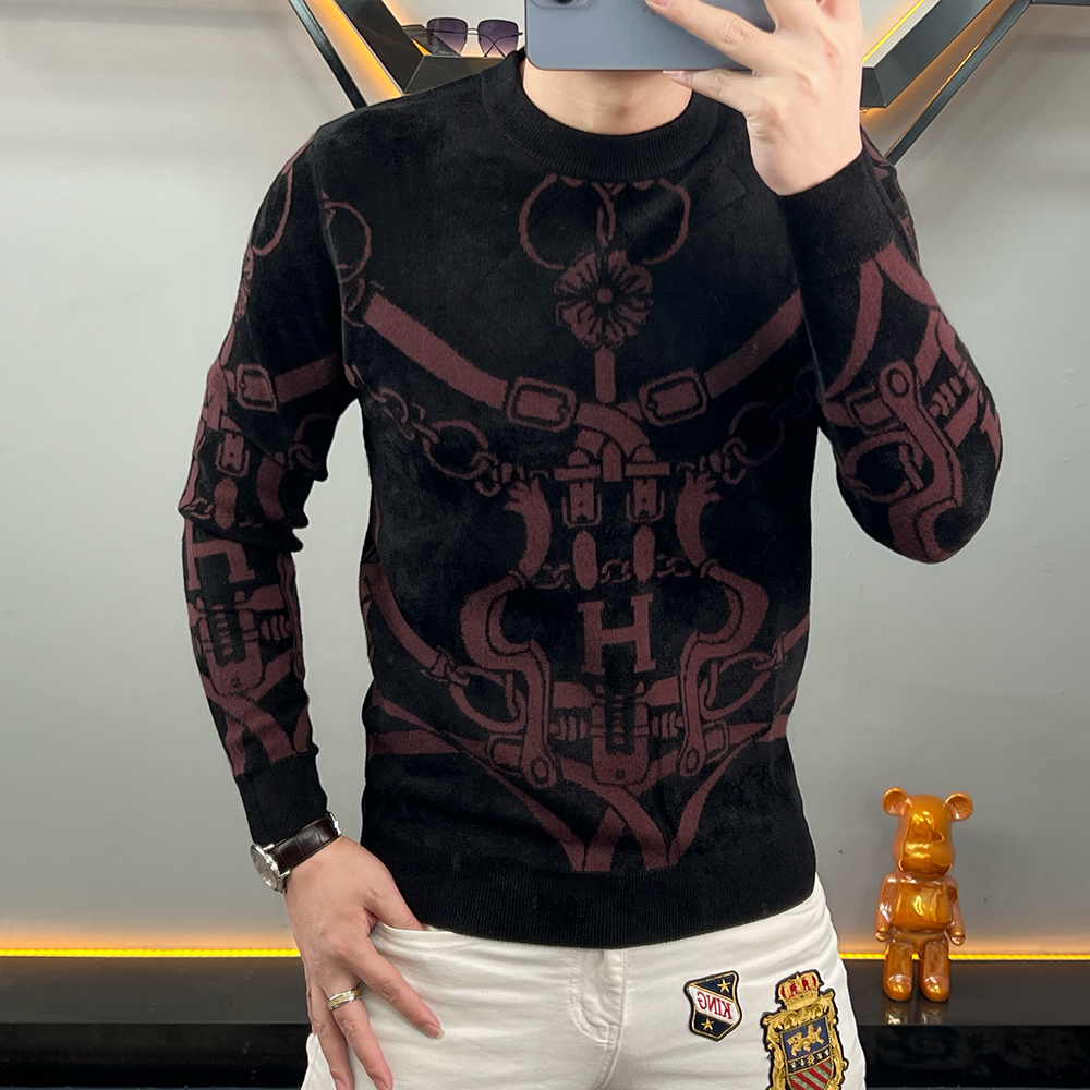 欧洲站冬季高品质男士保暖长袖毛衣提花修身百搭时尚针织打底衫