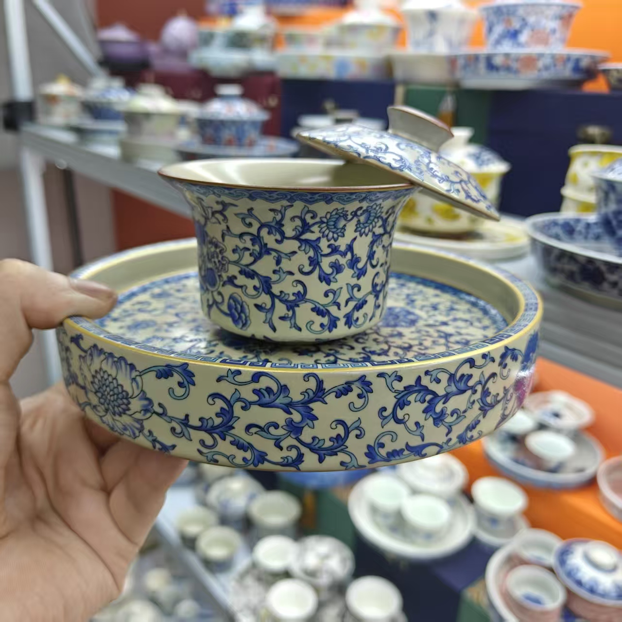 汝窑青花缠枝莲悬停旋转三才盖碗家用高档泡茶碗杯套装0928