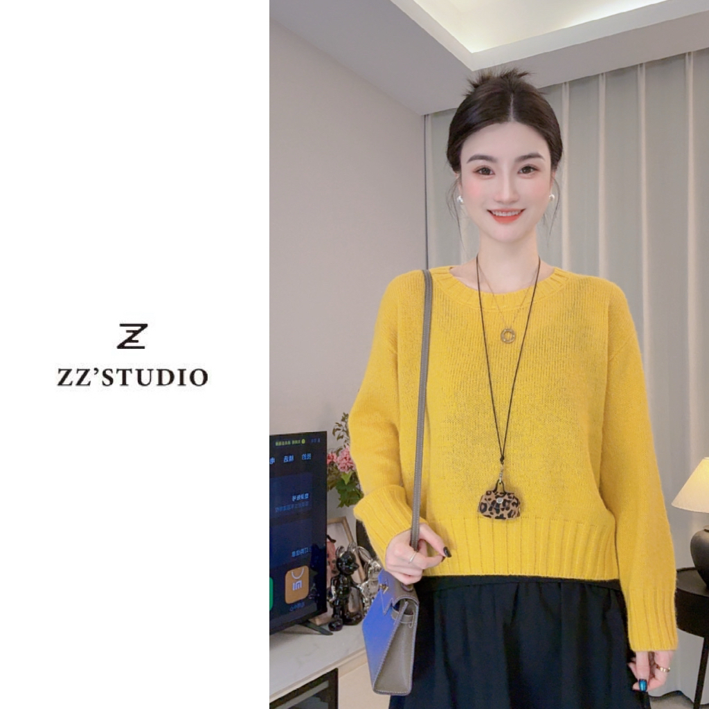 郑郑定制#秋季新款休闲设计感简约时尚百搭圆领长袖针织衫上衣033