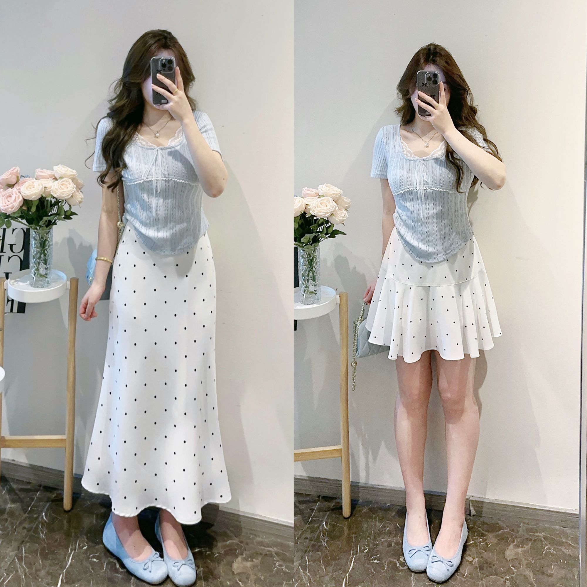 静静-微胖显瘦洋气气质时尚小众上衣WP9721+白色波点裙WP9574套装