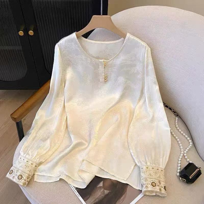 27185新中式国风缎面刺绣衬衫女秋季宽松提花长袖上衣打底小衫