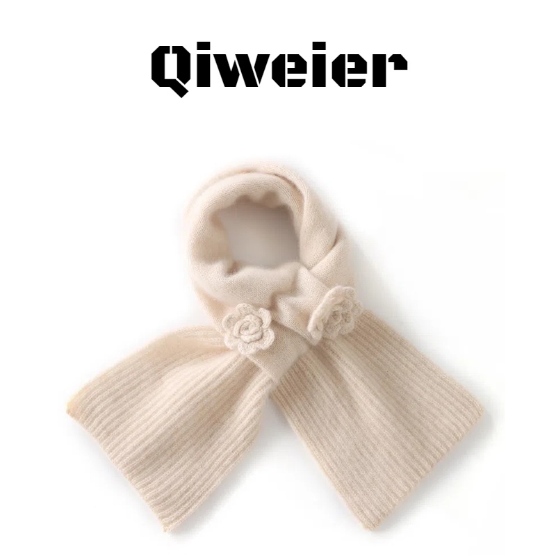 Qiweier100%纯山羊绒围巾纯手工钩花护颈小围脖