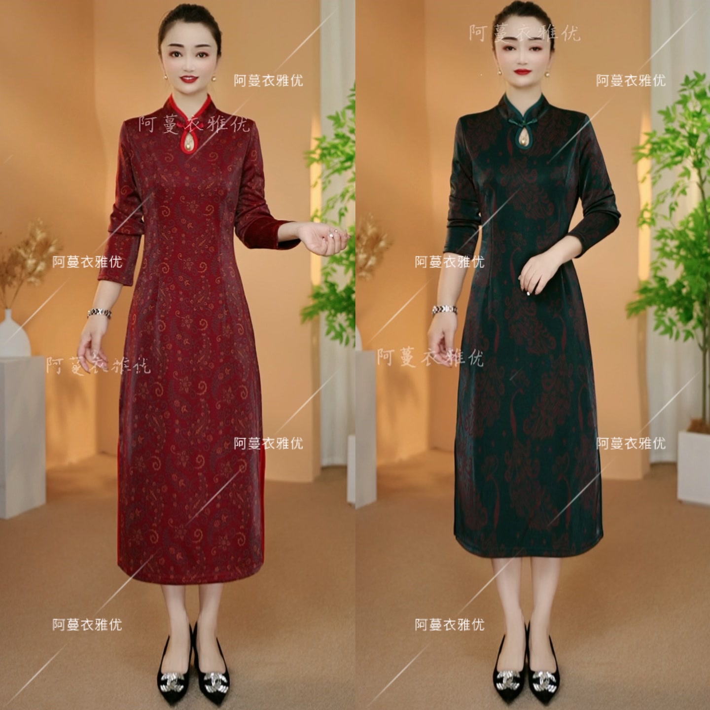【衣雅严选】8208-2373#新款长袖幻彩琉璃凤尾花侧开衩旗袍连衣裙