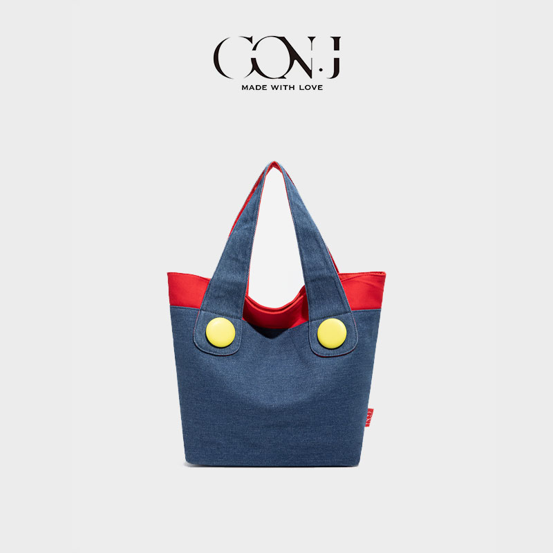 CON.J帆布手提托特包拼色棉布马里奥配色牛仔布大容量通勤单肩包