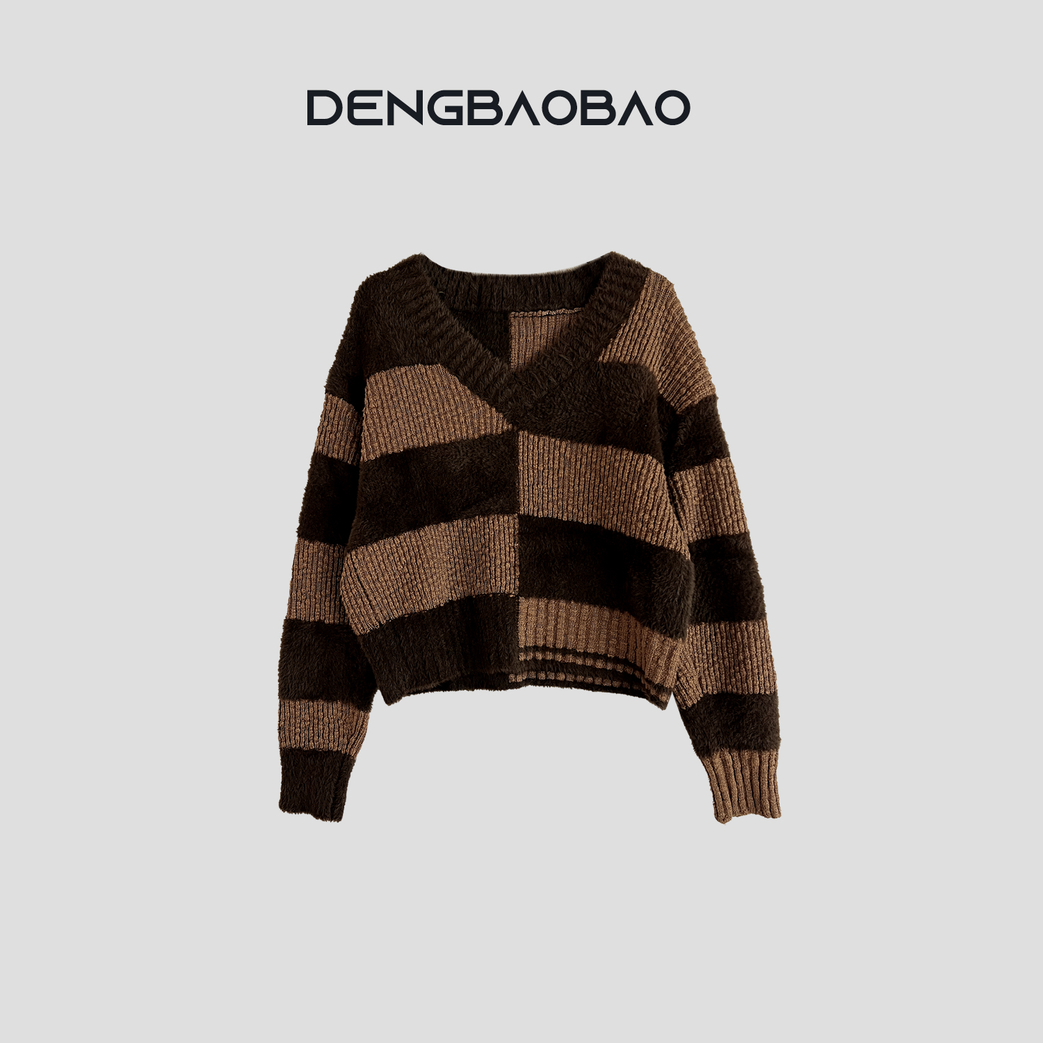Dengbaobao 【静奢主义】V领棋盘条纹撞色显瘦百搭针织衫毛衣女冬季