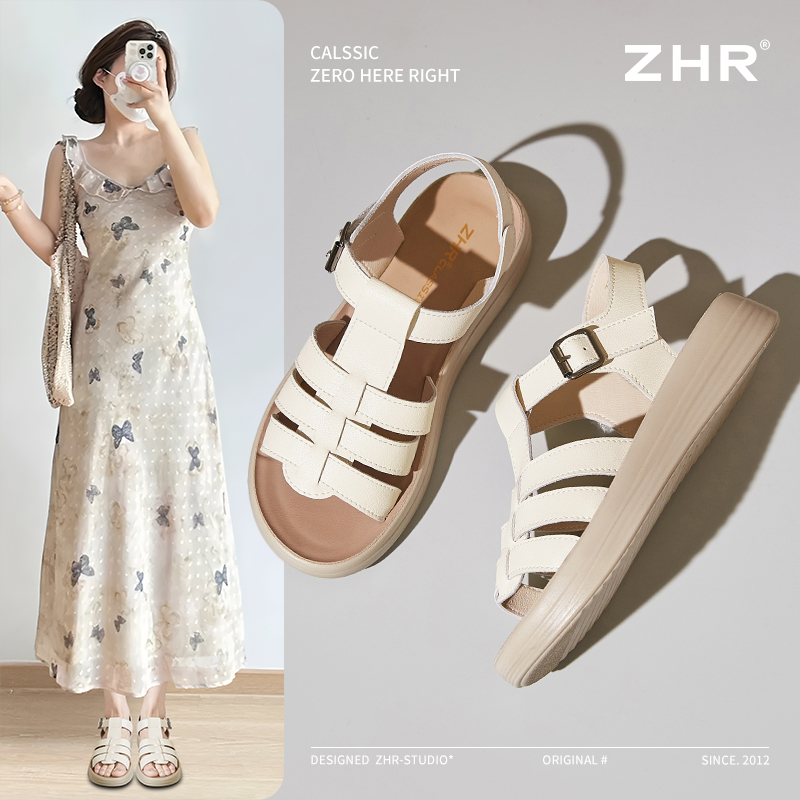 ZHR/则则厚底罗马凉鞋女2025真皮软底编织透气休闲鞋镂空妈妈拖鞋