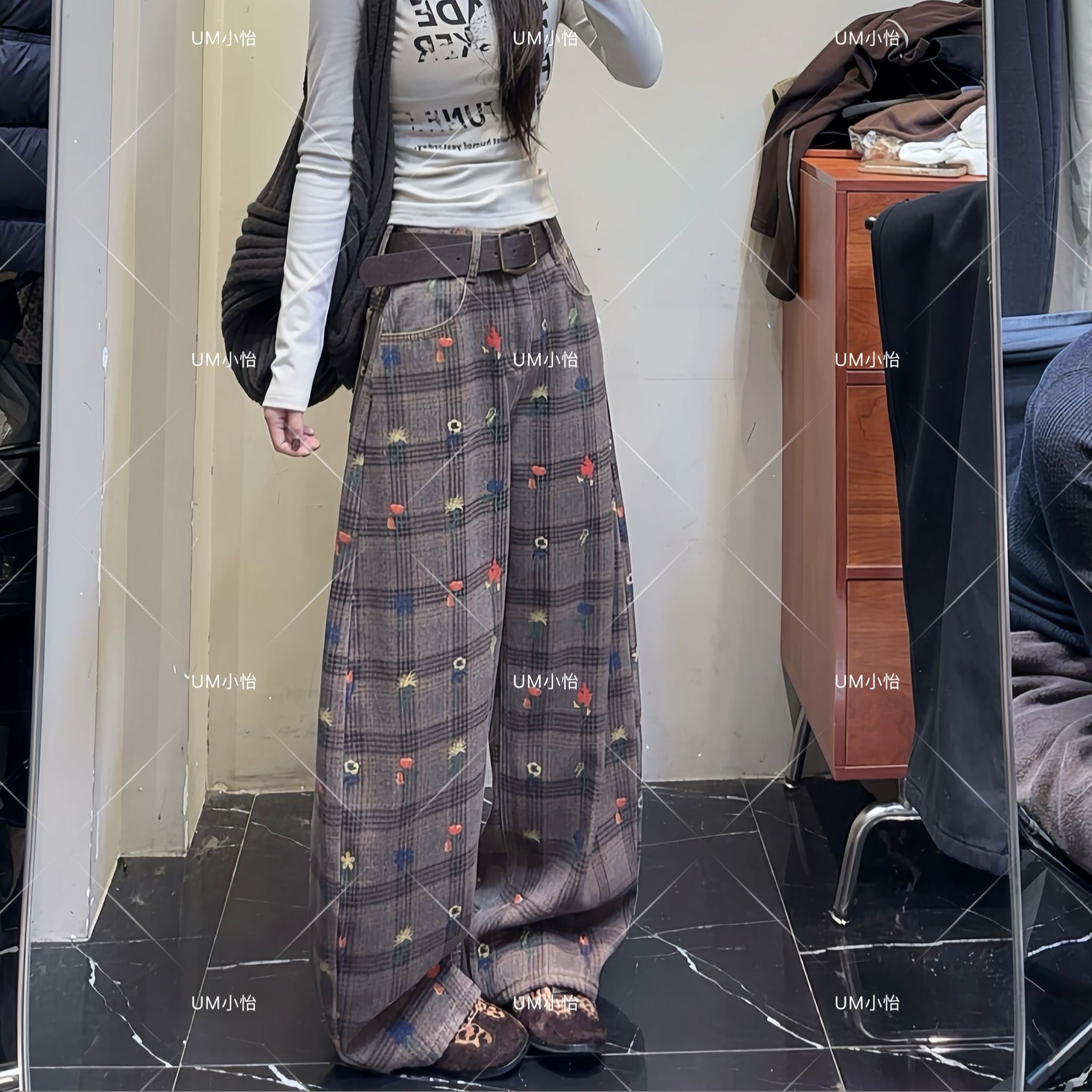 鑫怡定制【格纹花序】冬季新款复古宽松加绒加厚慵懒松弛休闲阔腿裤