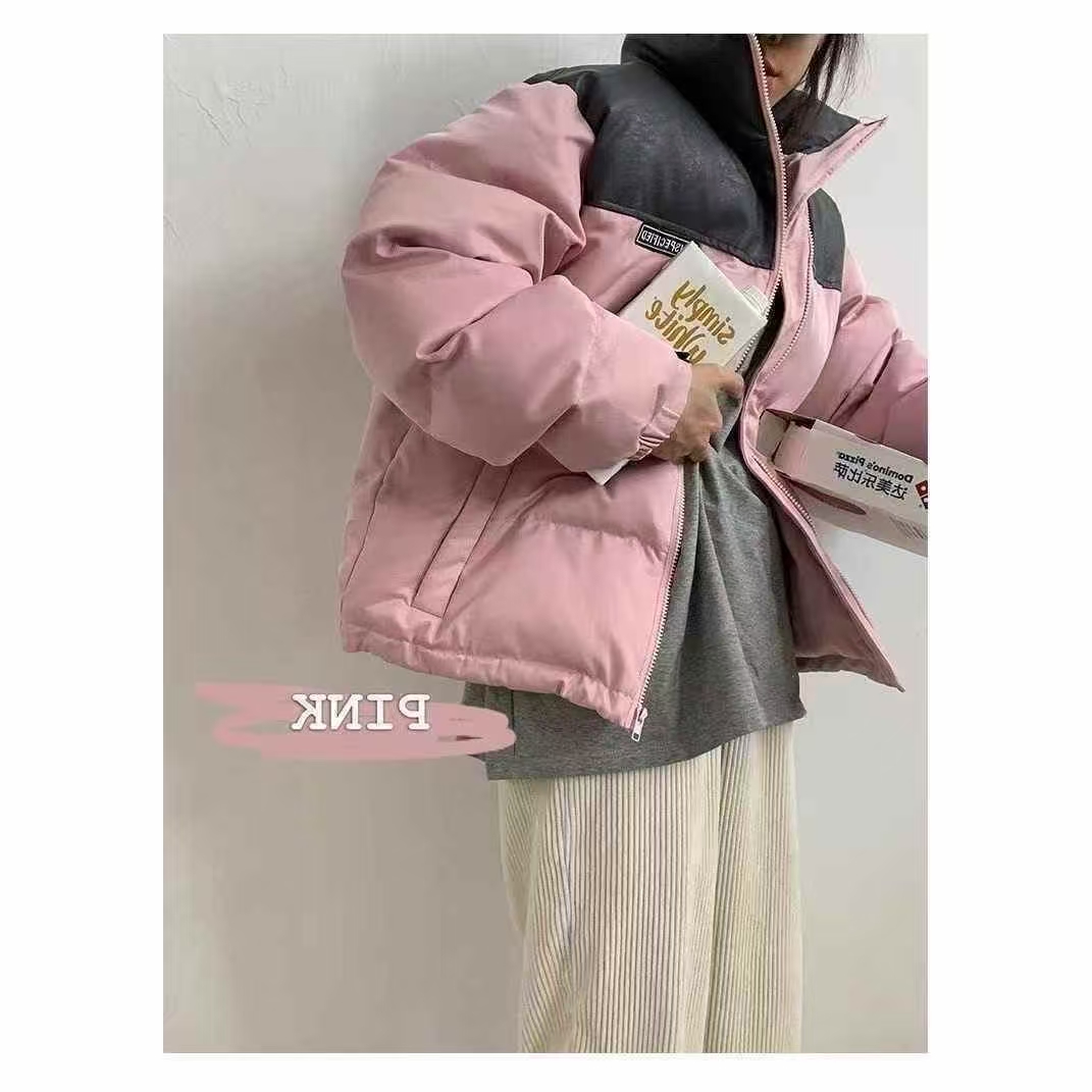 冬季女款立领加厚拼接皮面宽松韩版学生面包服外套