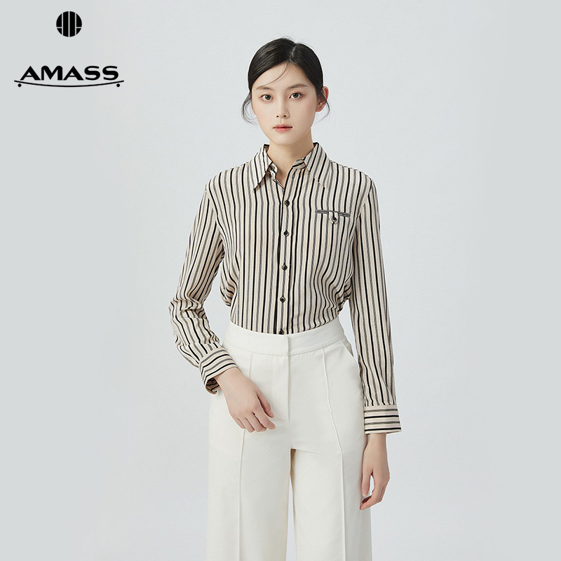 阿玛施AMASS新款质感条纹垂坠感通勤轻职场气质百搭衬衫5300848-2