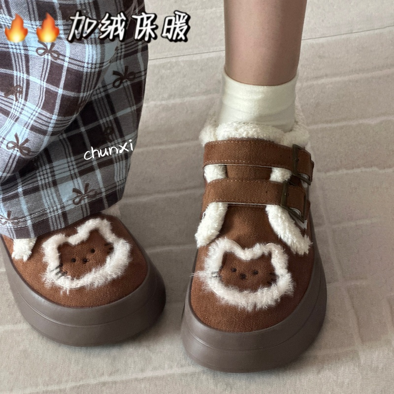 废土风秋冬加绒魔术贴女鞋2025新款小众原创设计百搭板鞋保暖棉鞋