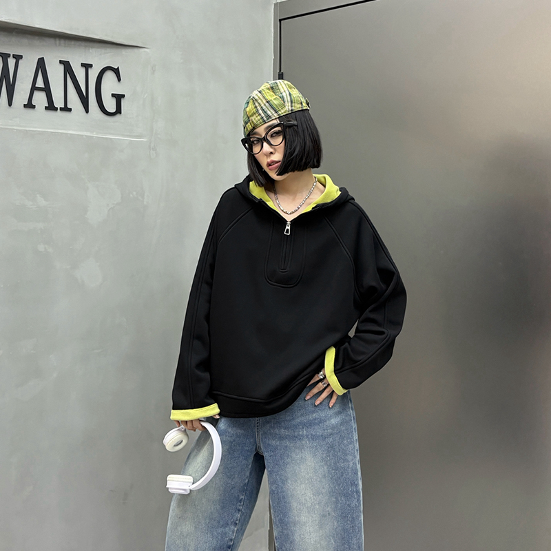 大码女装连帽加绒卫衣女胖妹妹240斤宽松巨显瘦拼接上衣秋季新款