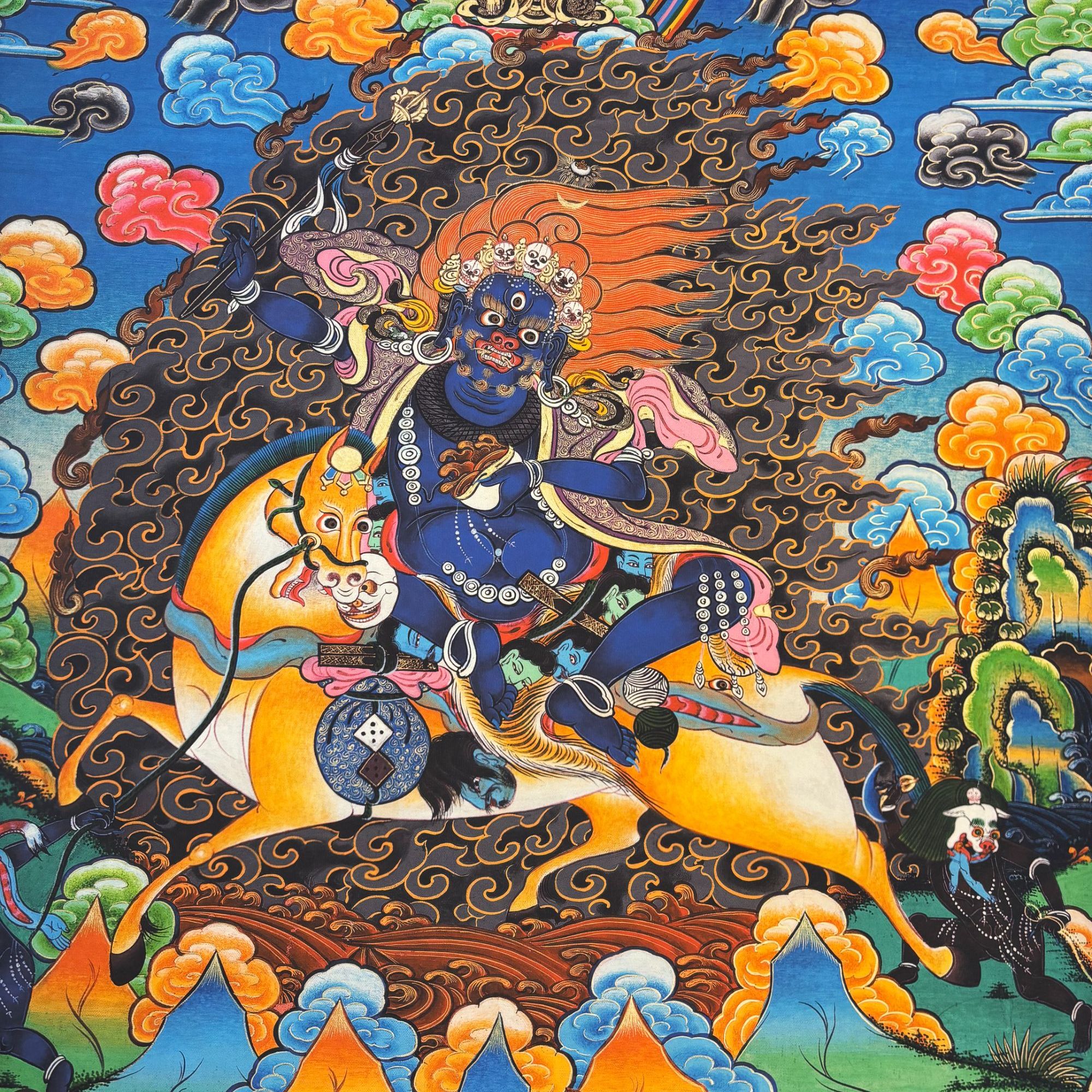 蓝财神高端精品吉祥天母风格绘画类唐卡作品