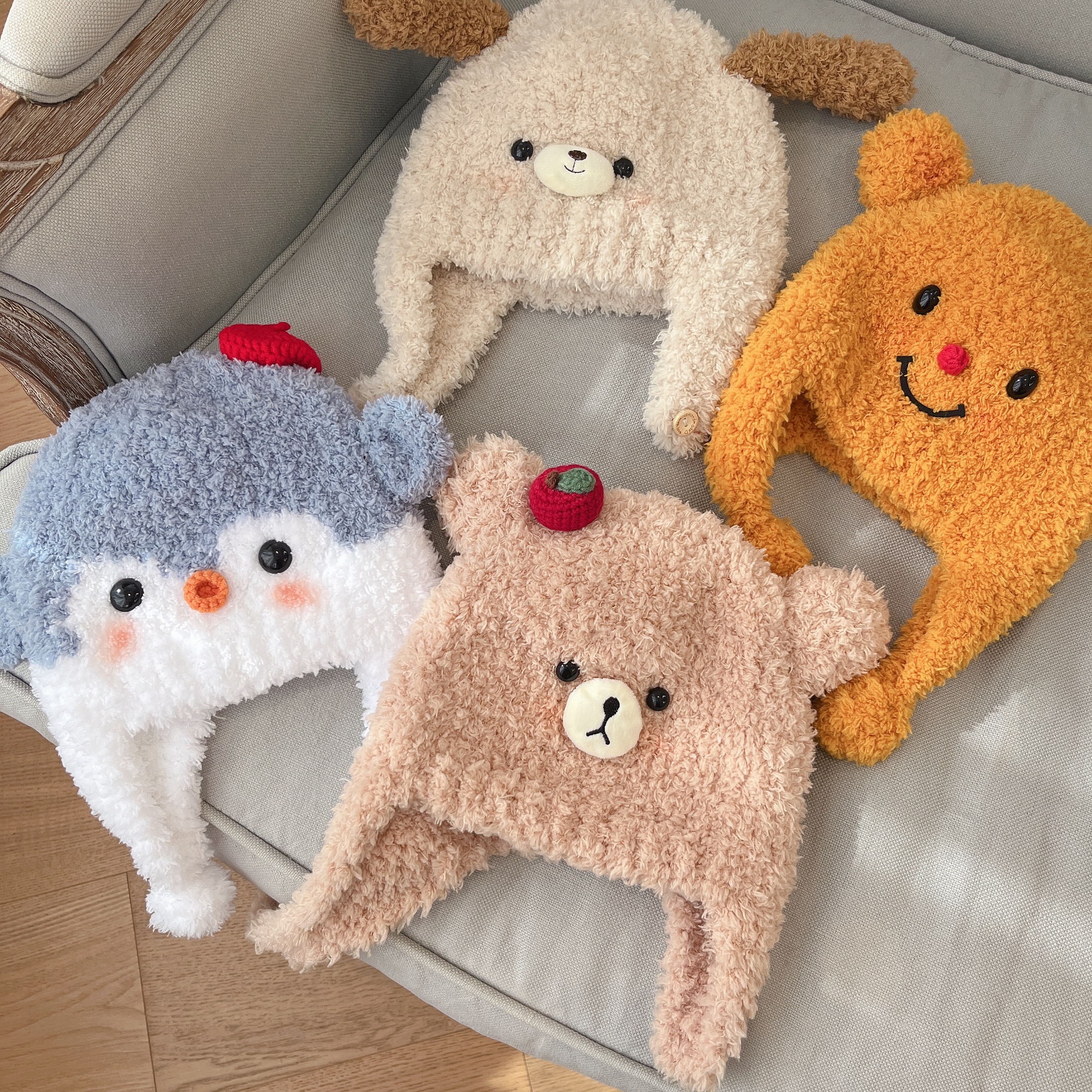 宝宝帽子手工护耳帽加厚保暖卡通套头帽男女宝毛绒帽ins百搭