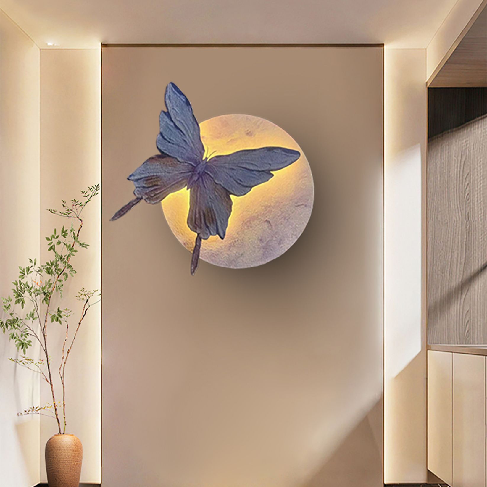 蝴蝶法式装饰画入户玄关高级走廊客厅过道壁画挂画带灯砂岩60