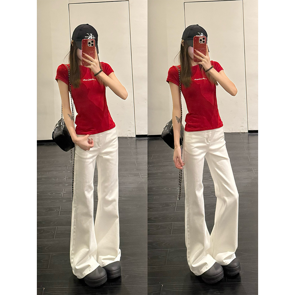 王家有鱼2025春季新款不贴腿白色微喇裤修身显瘦百搭牛仔裤女裤子